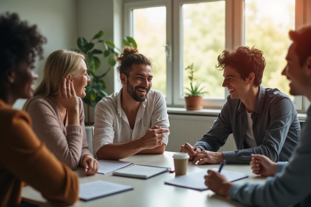 People smiling during a discussion around a meeting table.