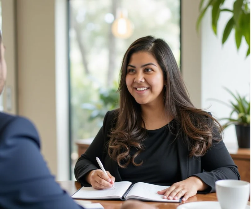 A woman taking notes during a one-to-one conversation.